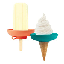 Two colorful silicone popsicle holders, one orange for a popsicle and one teal for soft serve ice cream in a cone.