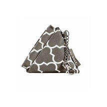 Triangular gray pacifier holder with a white geometric pattern and a chain attachment, designed for easy carrying.