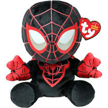 Marvel Miles Morales Ty Beanie Baby, featuring a plush doll in a black and red Spider-Man costume with large white eyes.