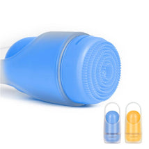 Ubbi Sunsqueeze Sunscreen Applicator in blue, featuring a textured rollerball top, with refillable roll-on containers in blue and yellow.