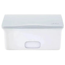 Gray Ubbi baby wipes dispenser featuring a clean, modern design and a transparent window for easy viewing of contents.