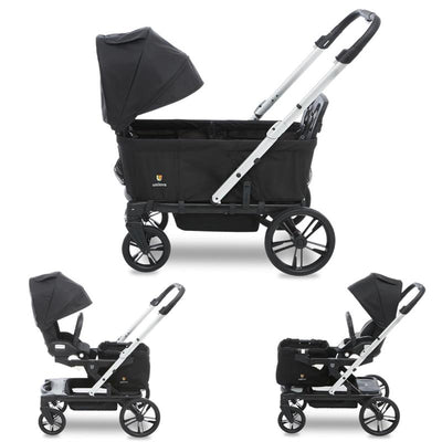 Trio Trolly Wagon by Unilove, featuring a black design, adjustable canopy, and space for children or storage.
