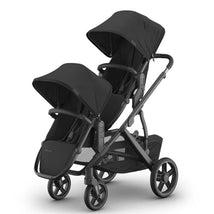 Uppababy Jake Vista V3 stroller featuring a double seat configuration, sleek black design, and adjustable canopies.