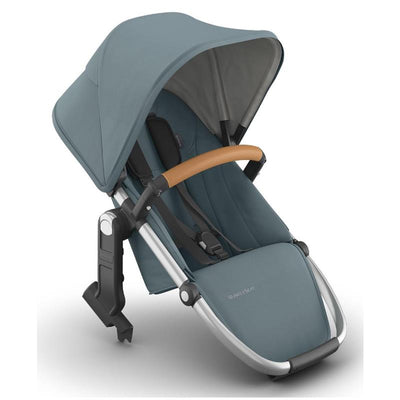 Uppababy Rumbleseat V3 in Callum (Stone Blue) with silver frame and sand leather handle, designed for a second lower seat.