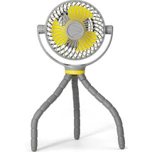 Portable baby stroller fan with a yellow and gray design, featuring a flexible tripod base for easy positioning.