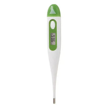 Digital thermometer displaying 98.6°F, featuring a green top and a slender design for easy measurement.