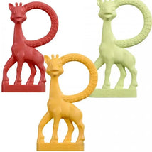 Vulli Sophie The Giraffe Vanilla Teether in red, yellow, and green, designed for teething infants.
