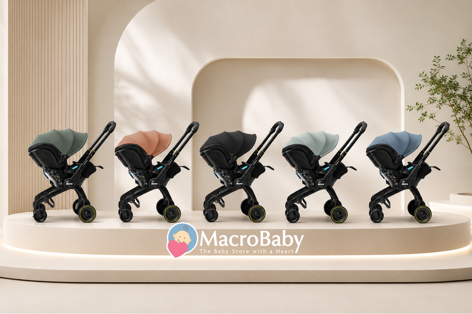 Five stylish baby strollers in assorted canopy colors displayed on a modern podium, ideal for urban parents.