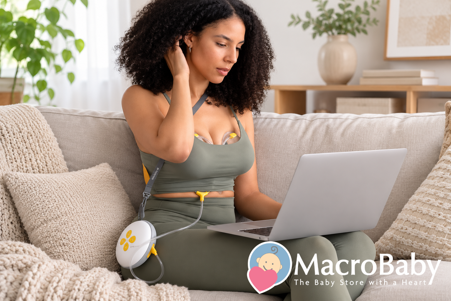 Woman using a hands-free breast pump while working on a laptop in a modern living room.