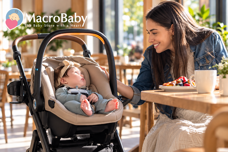 Mother smiling at baby resting in a tan infant car seat and stroller travel system.