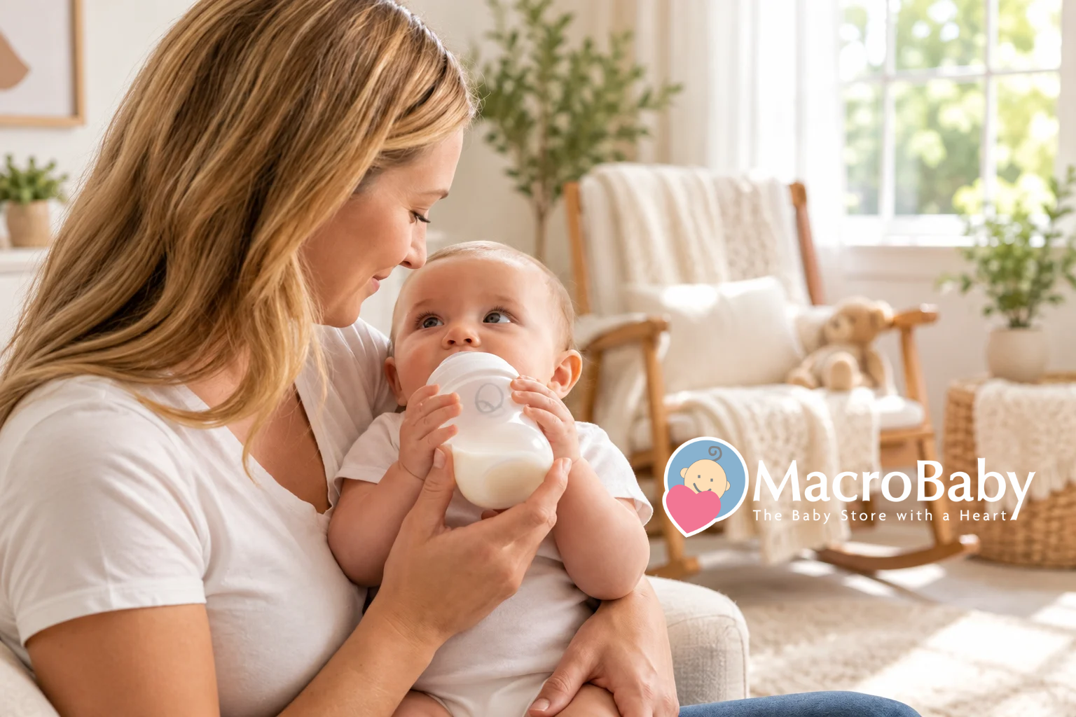 Mother feeding a baby with a baby bottle in a bright living room