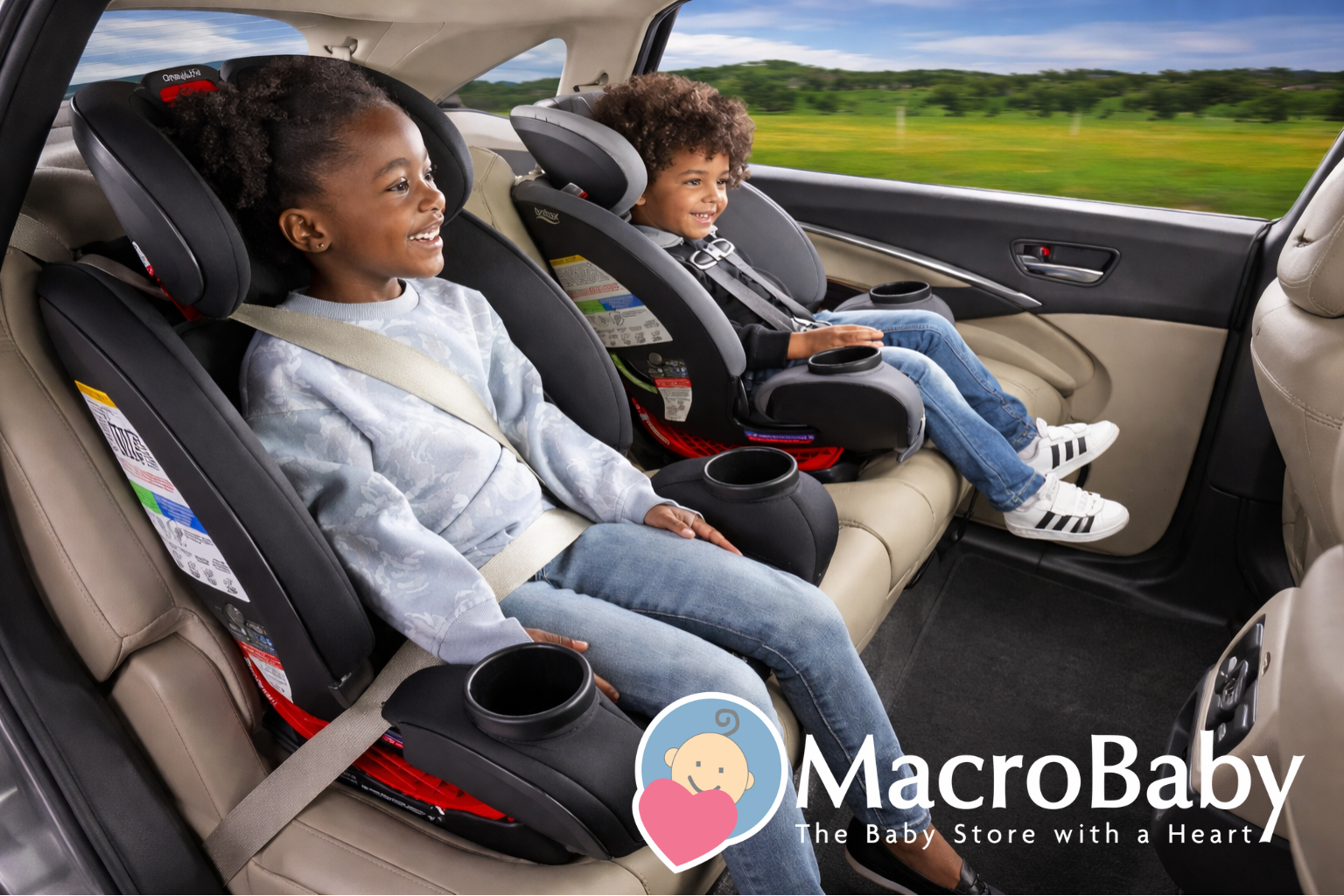 Two kids smiling in car seats during a road trip, safe and comfortable for family travel.