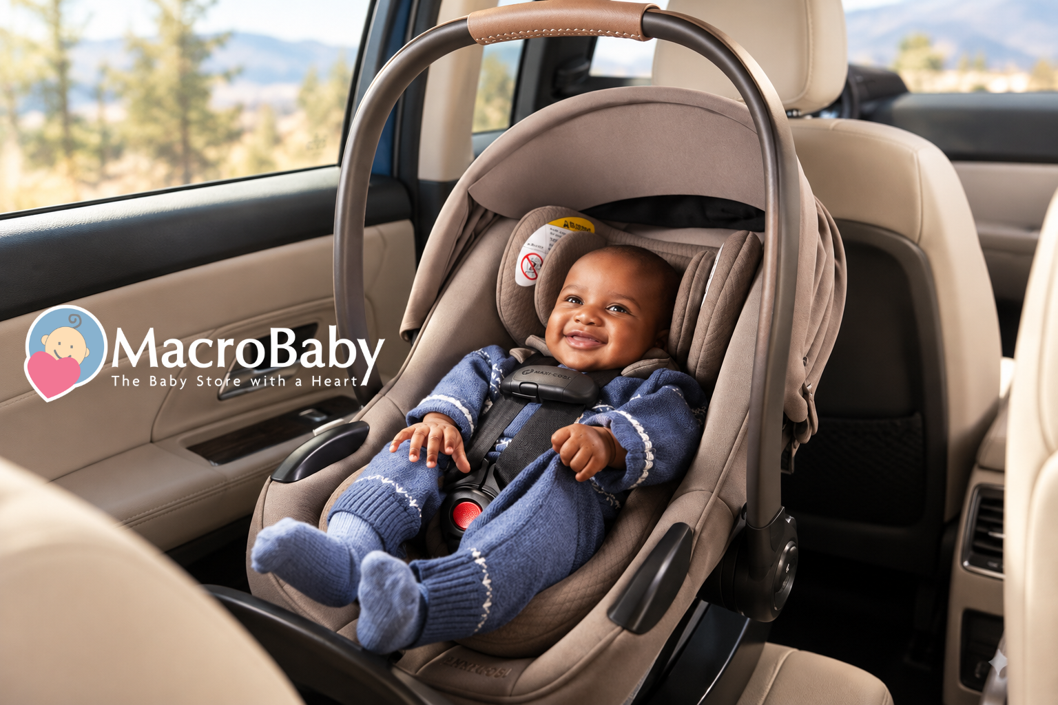 Smiling baby in a Maxi-Cosi infant car seat inside a car.