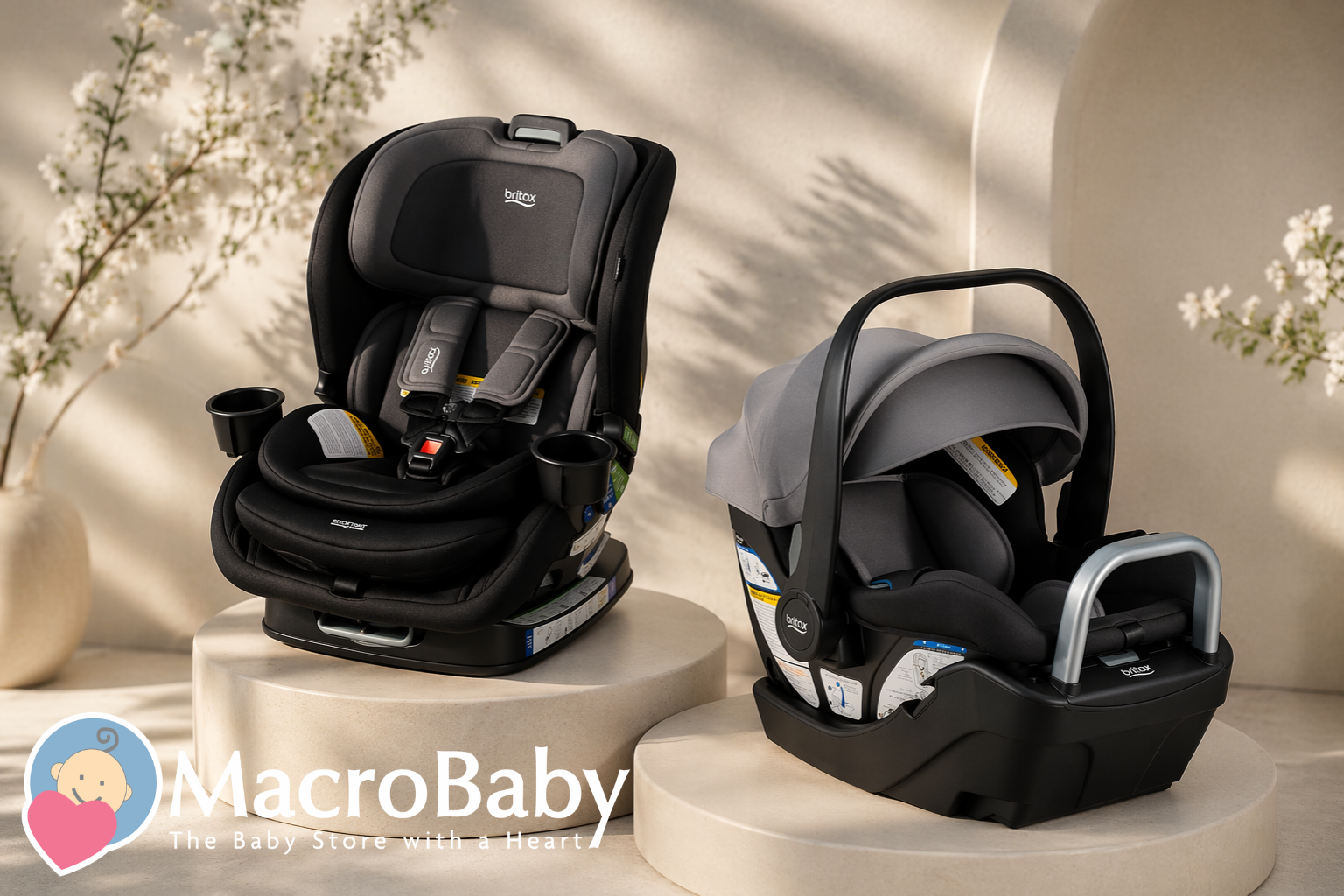 Britax convertible car seat and infant car seat displayed on pedestals with floral decor