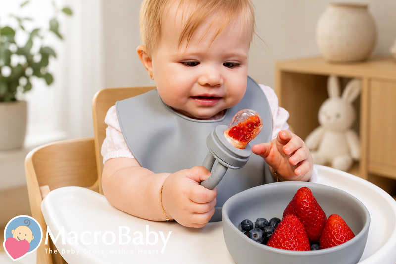 Baby practicing baby-led weaning with a silicone feeder and fresh strawberries.