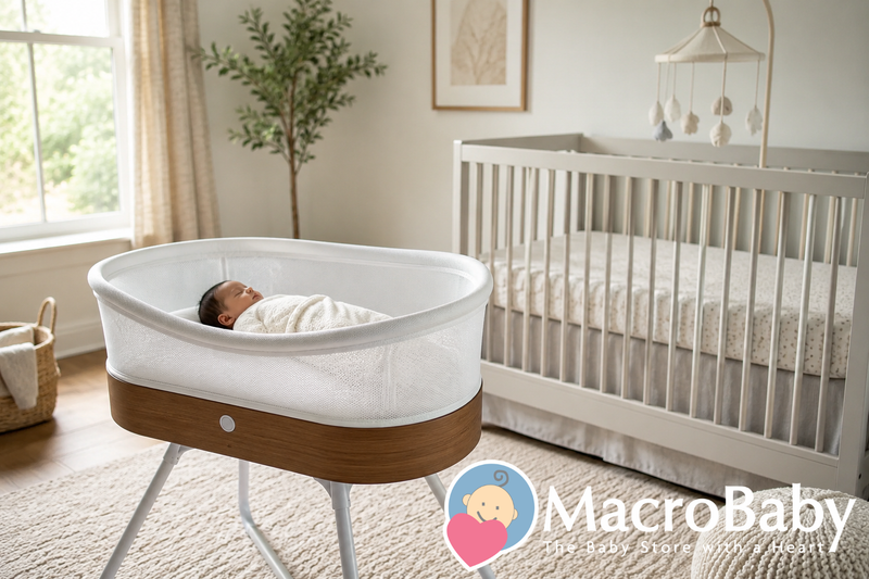 Sleeping newborn baby in a white mesh bassinet next to a wooden crib in a nursery.