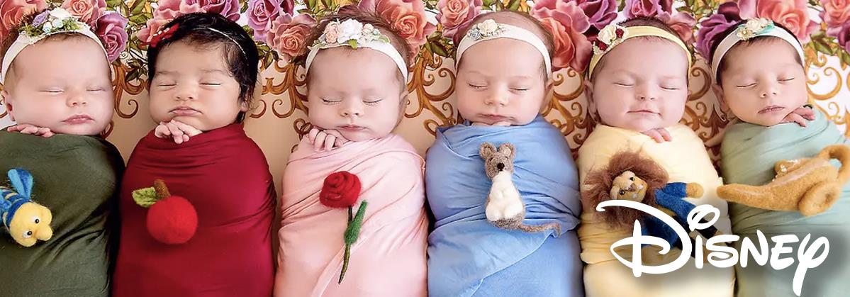 Six newborns swaddled in colorful blankets with Disney character toys, floral headbands, and rose backdrop