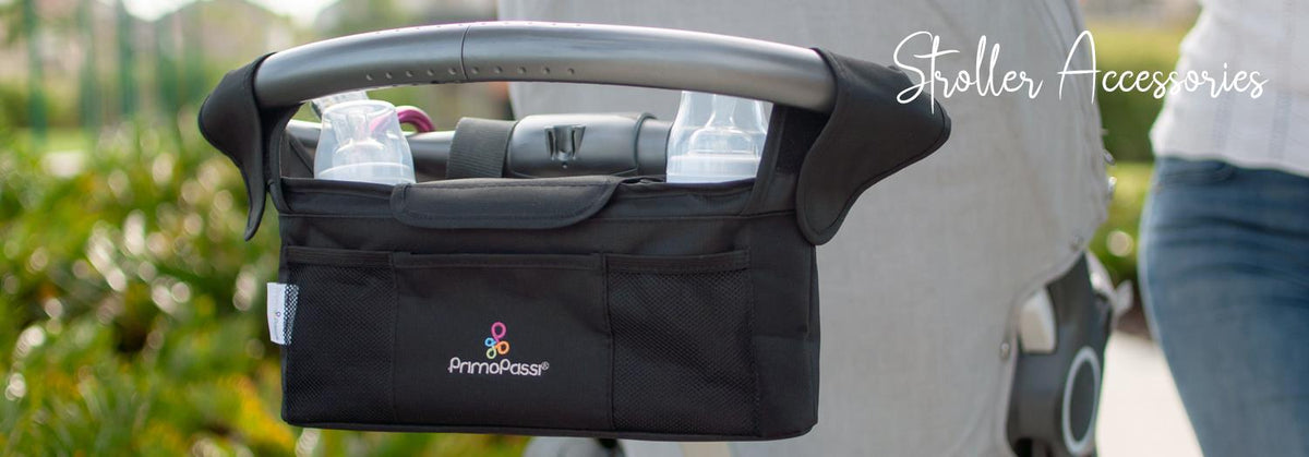 PrimoPassi stroller organizer with bottle holders, perfect for baby stroller accessories and on-the-go essentials.