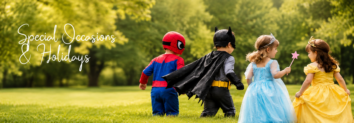Kids in superhero and princess costumes playing outdoors for special occasions & holidays