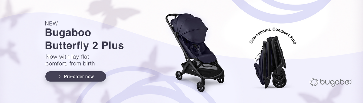 Bugaboo Butterfly 2 Plus compact navy blue baby stroller in unfolded and folded positions.