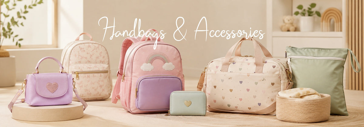 Cute pastel handbags, backpacks & accessories for moms and babies with rainbow, heart designs