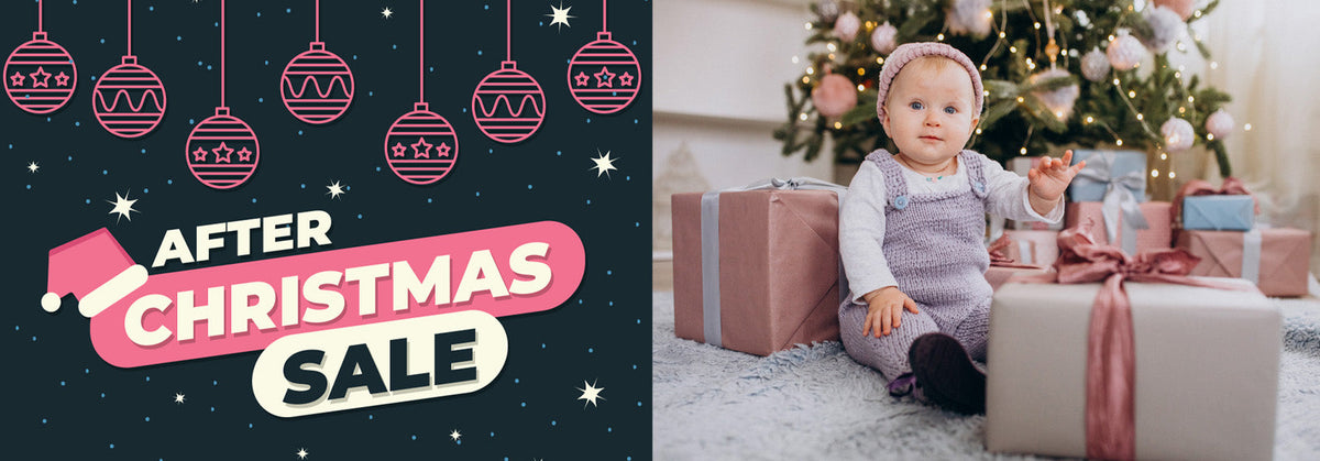 After Christmas Sale: Baby in purple knit overalls sits by wrapped gifts under tree, festive ornaments graphic