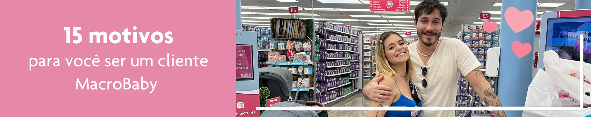 Happy couple shopping for baby essentials in a store aisle with strollers and diapers