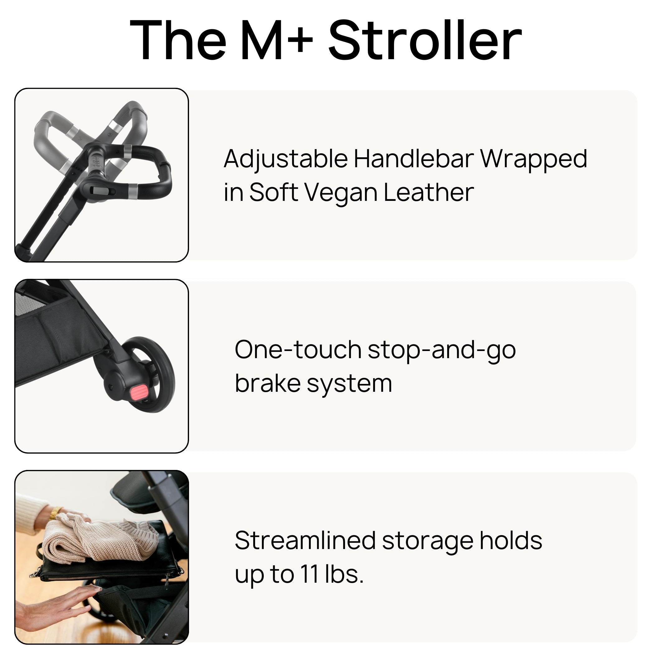 M+ Stroller with adjustable vegan leather handlebar, one-touch brake, and 11 lb storage