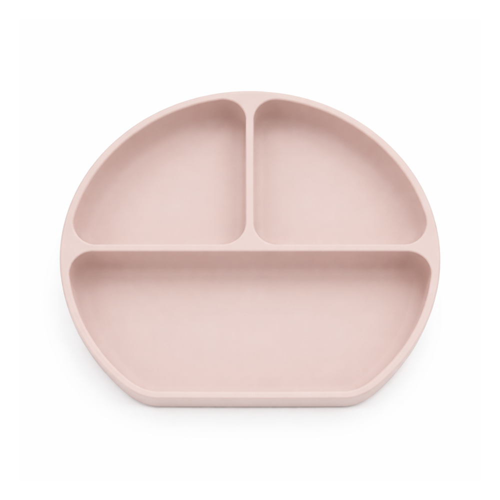 Primo Passi rose pink silicone suction plate with three divided sections for baby feeding