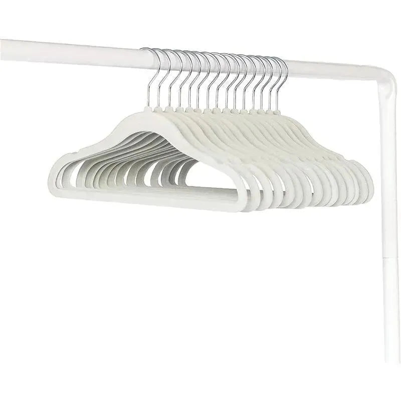 15 pack of green velvet baby hangers displayed on a white rod, showcasing their soft texture and design.