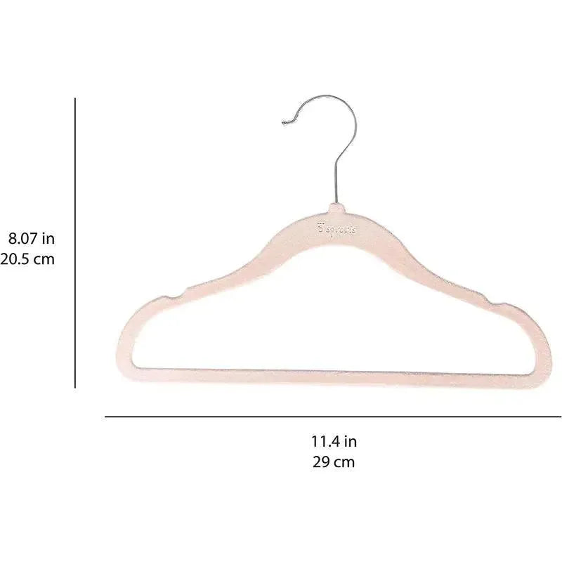 Pink velvet baby hanger from 3 Sprouts, measuring 8.07 inches high and 11.4 inches wide.