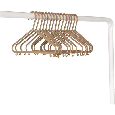 15 pack of speckled brown baby wheat straw hangers hanging on a white rod, designed for lightweight clothing.