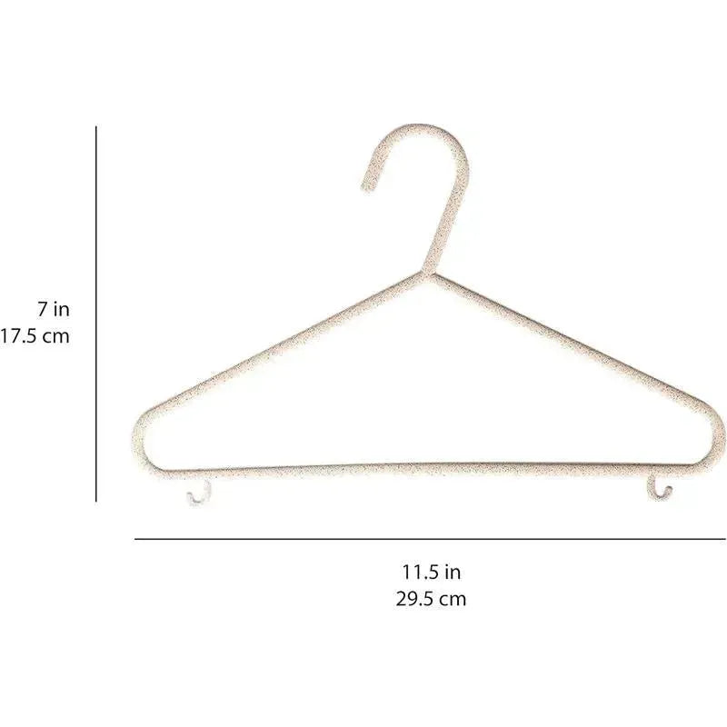 Speckled cream baby hangers with dimensions 7 in height and 11.5 in width, designed for lightweight clothing.