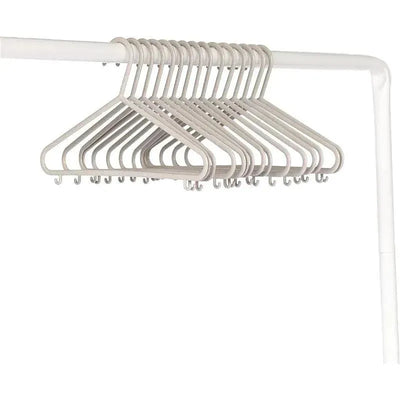 15 pack of speckled gray baby wheat straw hangers displayed on a clothing rack, showcasing their lightweight and eco-friendly design.
