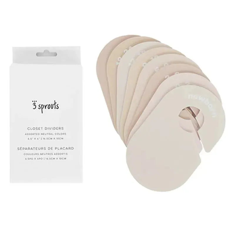 Set of 8 neutral closet dividers by 3 Sprouts, labeled for organizing baby and toddler clothing sizes.