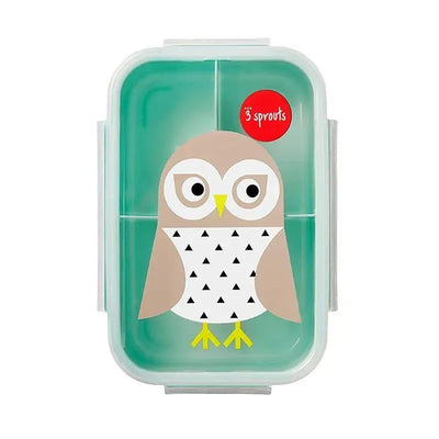 Bento box featuring an owl design with a light green base and multiple compartments for food storage.