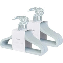 Velvet baby hangers in blue, non-slip and durable, shown in a pack of 15 with a label identifying the product.