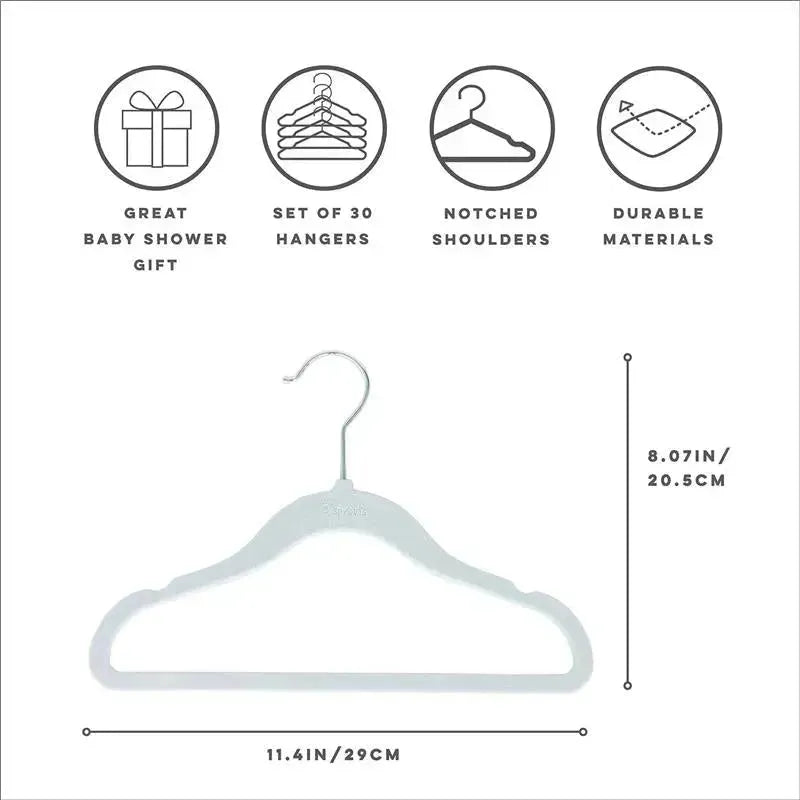 Blue velvet baby hanger, non-slip and durable, dimensions 11.4in x 8.07in, pack of 15, features notched shoulders.
