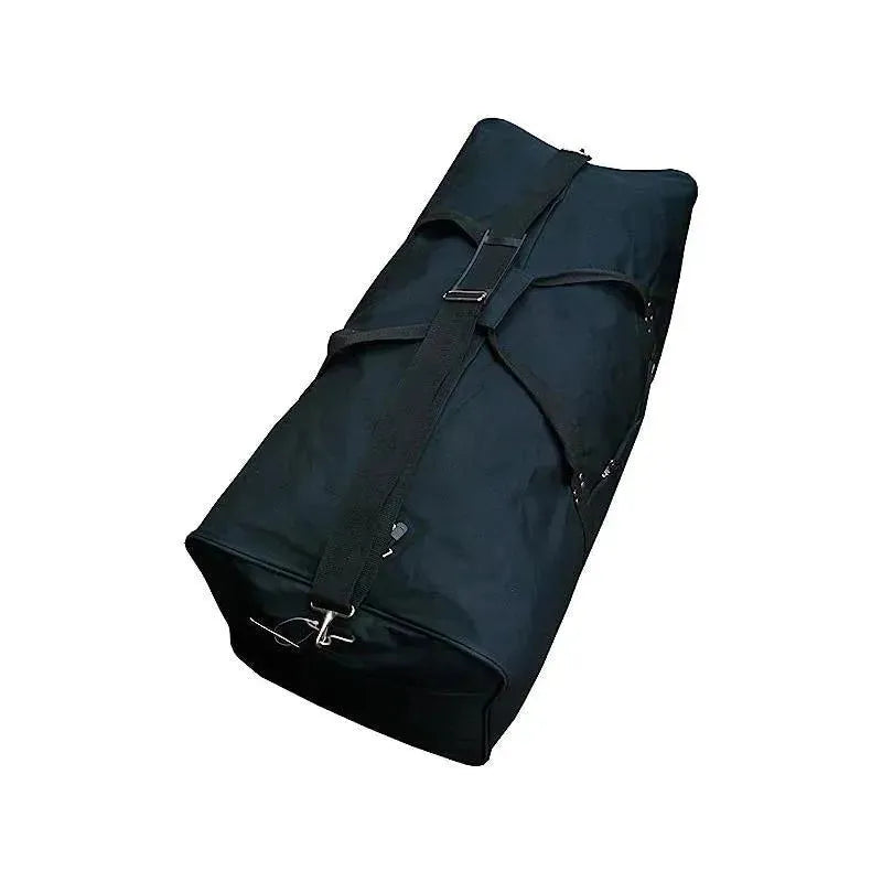 Black duffle bag with a zippered top and adjustable shoulder strap, designed for sports and travel use.