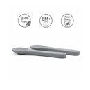 Two Primo Passi senior grey silicone baby spoons with BPA Free and Non Toxic certifications.