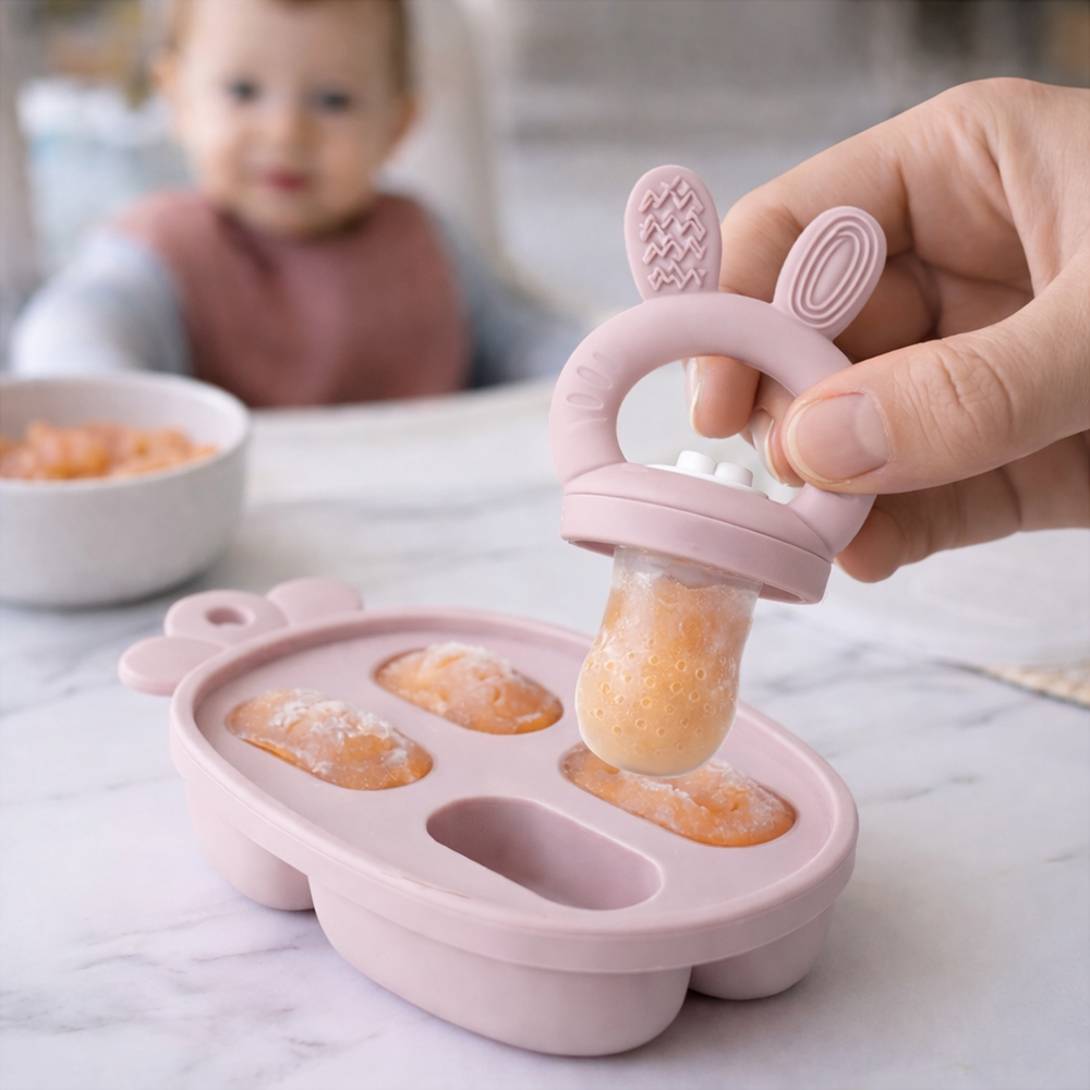 Hand holding a Primo Passi pink silicone baby food feeder with frozen puree.