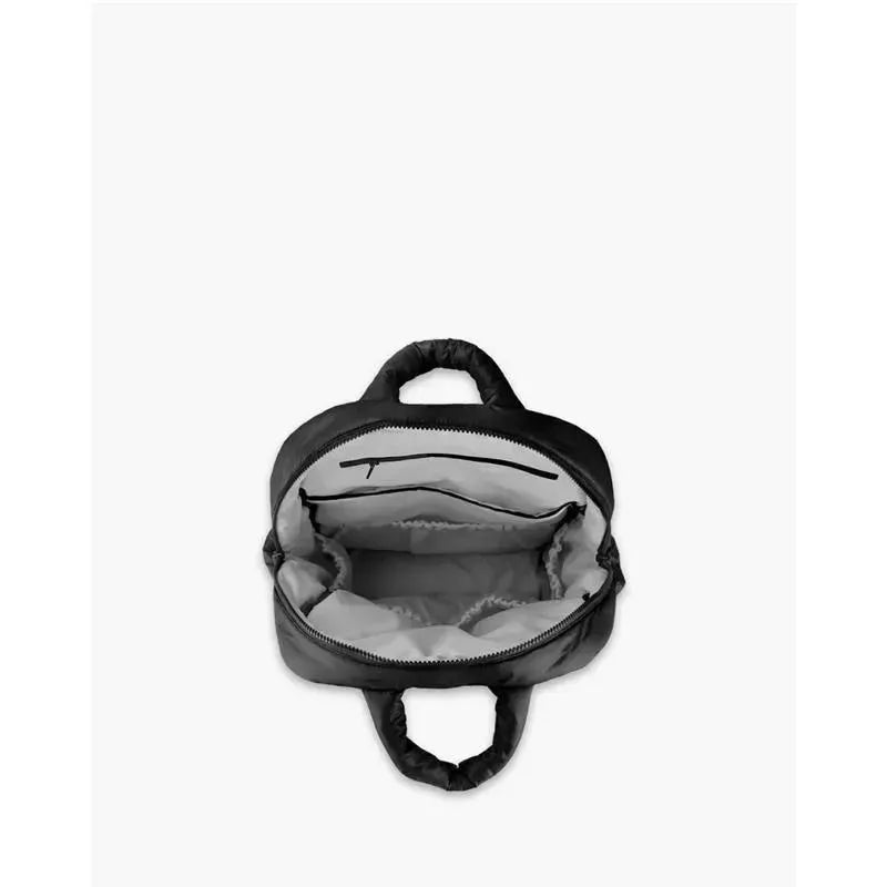 Diaper backpack with a zipper top, showing a spacious grey interior and two small pockets.