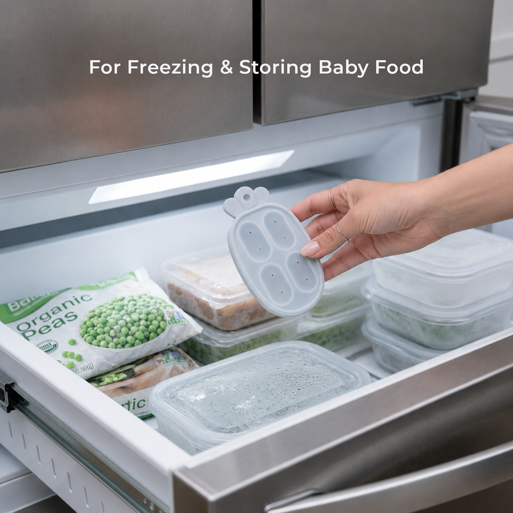A person holding a Primo Passi grey silicone baby food freezer tray in an open refrigerator freezer.