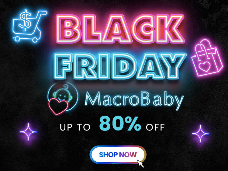 Black Friday neon sign with up to 80% off deals for baby products and shopping cart icon