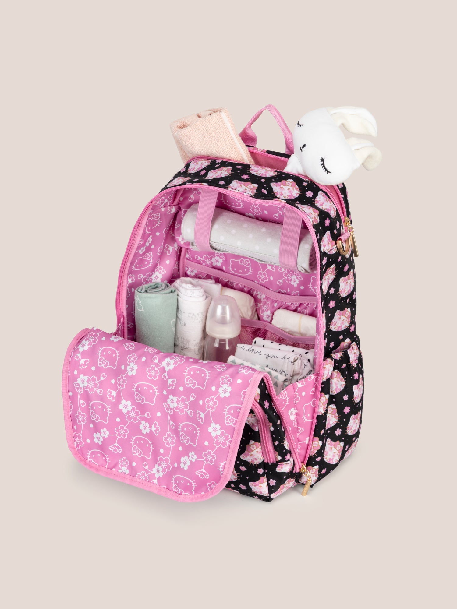 Hello Kitty × JuJuBe Cherry Blossoms Zealous Backpack Diaper Bag, Black and Pink Image 7