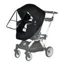 G5 Four Seasons stroller cover in black with clear panels, designed to protect children from weather elements.
