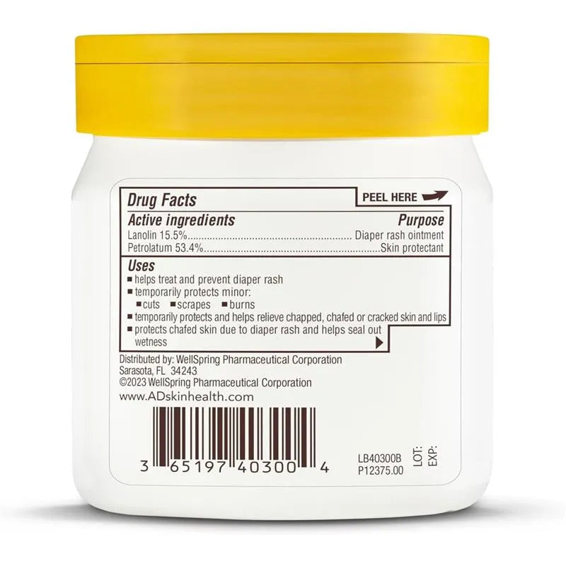 A+D Original Diaper Rash Ointment 16oz jar with yellow lid, listing active ingredients and uses for preventing diaper rash.