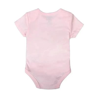 Baby girl bodysuit in soft pink, featuring short sleeves and a snug fit. Perfect for comfort and style.