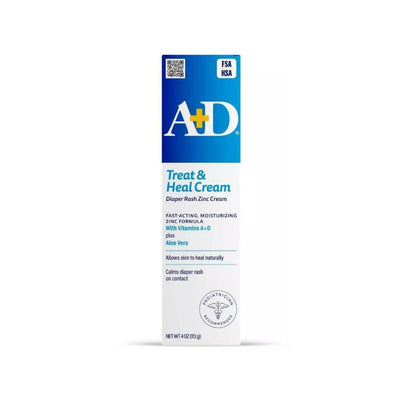 A+D Treat & Heal Diaper Rash Zinc Cream, 4 oz package featuring text about soothing skin and moisturizing ingredients like Aloe Vera.
