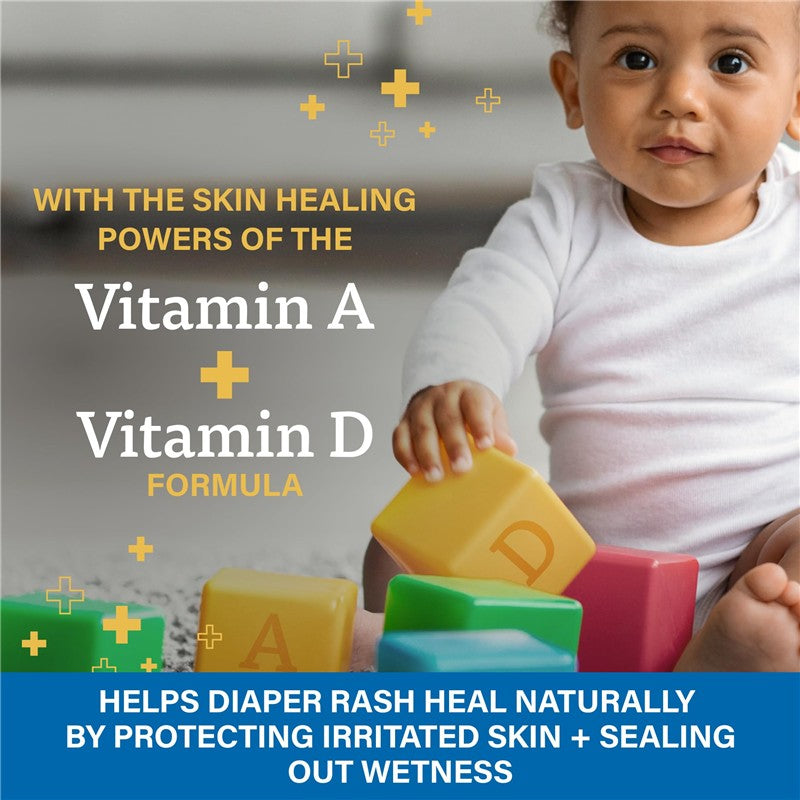 A+D Zinc Oxide Diaper Rash Treatment Cream, promoting Vitamin A and D benefits, with a baby playing with colored blocks.